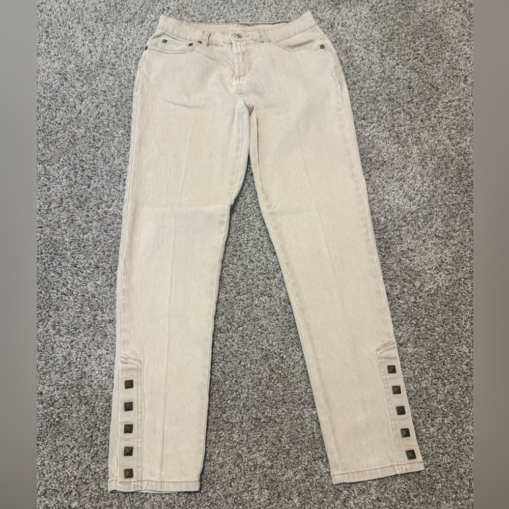 DG2 by Diane Gilman Cream Beige Skinny Jeans with Stud Detailing
